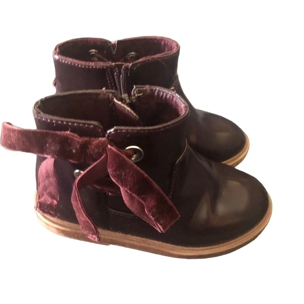Zara Baby Side  Zip Burgundy Booties Sz 6/22 Velvet Lace Up Leather